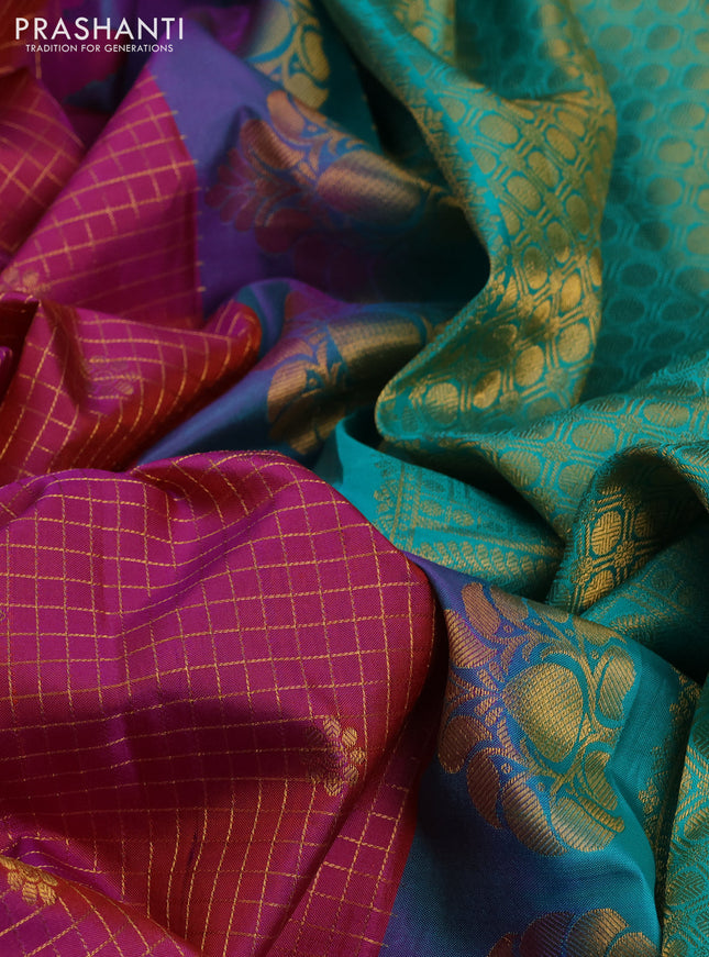 Pure gadwal silk saree dual shade of purple and teal green with allover zari checks & buttas and temple design rettapet zari woven border