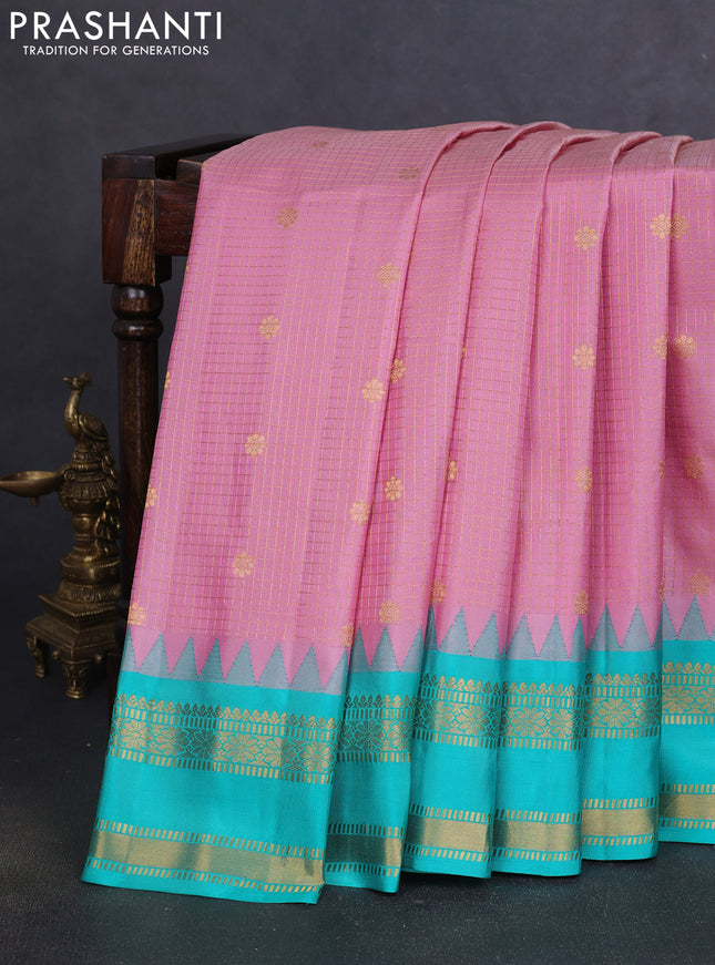 Pure gadwal silk saree pastel pink and teal green with allover zari checks & buttas and temple design rettapet zari woven border