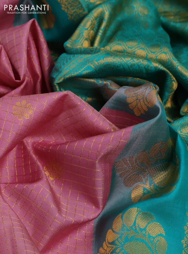 Pure gadwal silk saree pastel pink and teal green with allover zari checks & buttas and temple design rettapet zari woven border