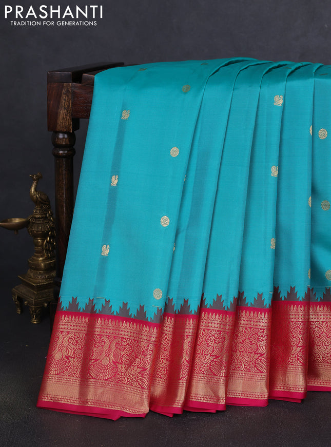 Pure gadwal silk saree teal blue and pink with rudhraksha & annam zari woven buttas and temple design zari woven border
