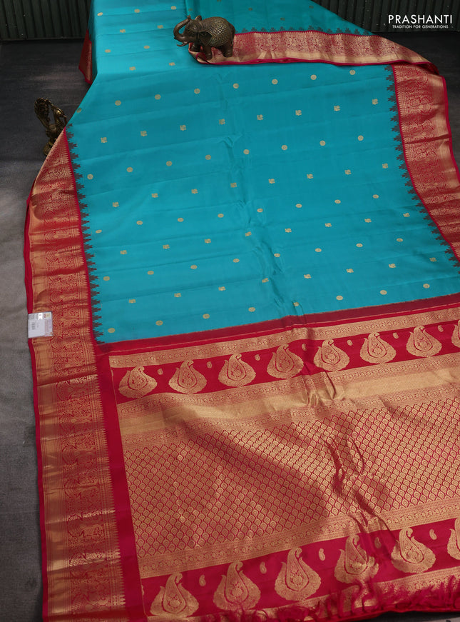 Pure gadwal silk saree teal blue and pink with rudhraksha & annam zari woven buttas and temple design zari woven border