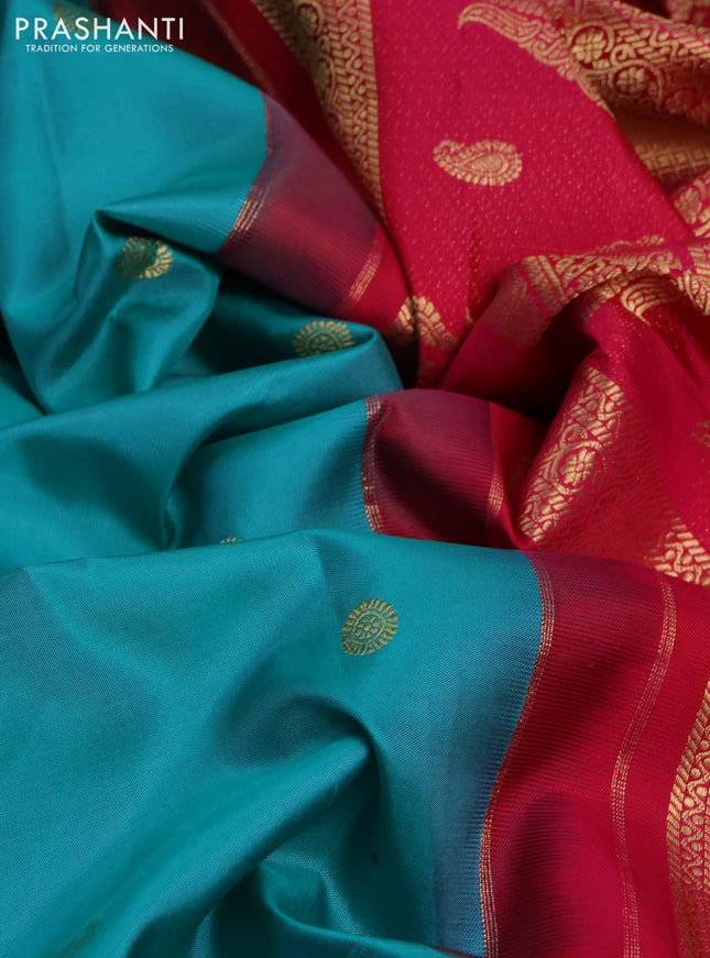 Pure gadwal silk saree teal blue and pink with rudhraksha & annam zari woven buttas and temple design zari woven border
