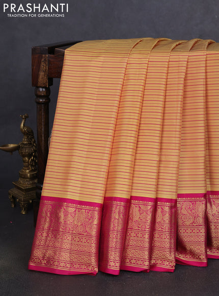 Pure gadwal silk saree pale yellow and pink with allover stripe pattern and zari woven korvai border
