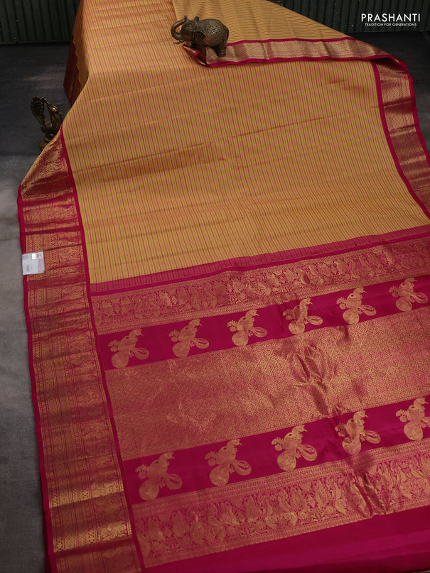 Pure gadwal silk saree pale yellow and pink with allover stripe pattern and zari woven korvai border