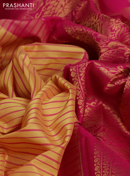 Pure gadwal silk saree pale yellow and pink with allover stripe pattern and zari woven korvai border