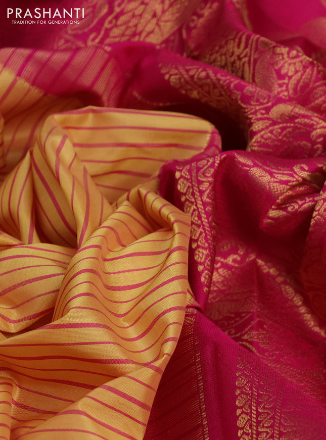 Pure gadwal silk saree pale yellow and pink with allover stripe pattern and zari woven korvai border