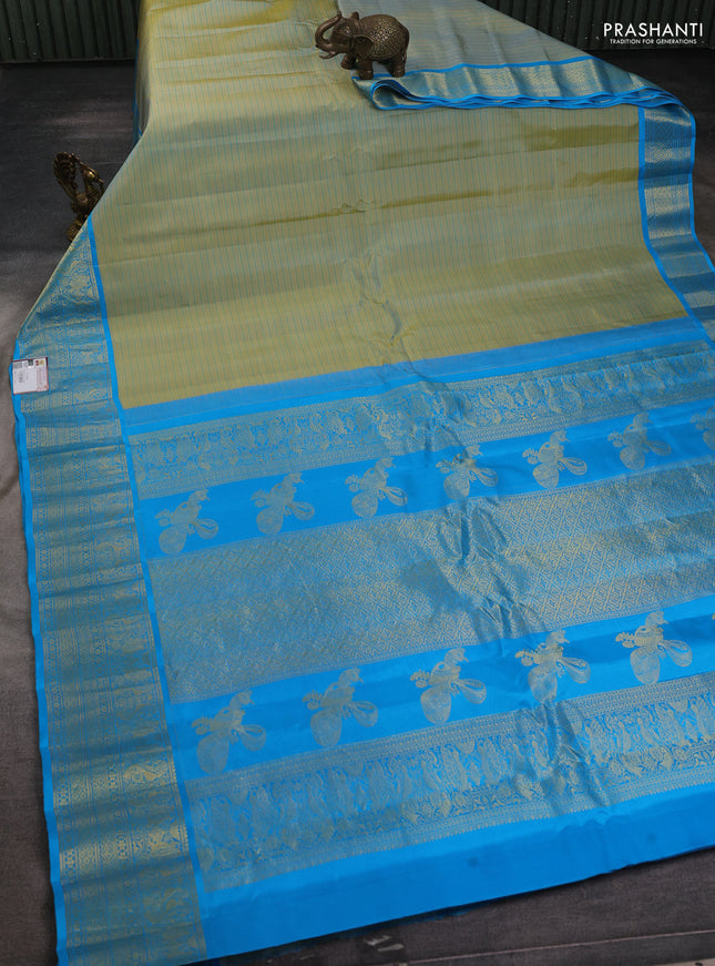 Pure gadwal silk saree pastel green and cs blue with allover stripe pattern and zari woven korvai border