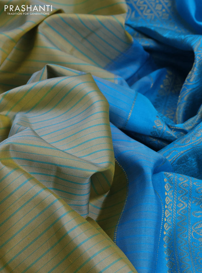 Pure gadwal silk saree pastel green and cs blue with allover stripe pattern and zari woven korvai border