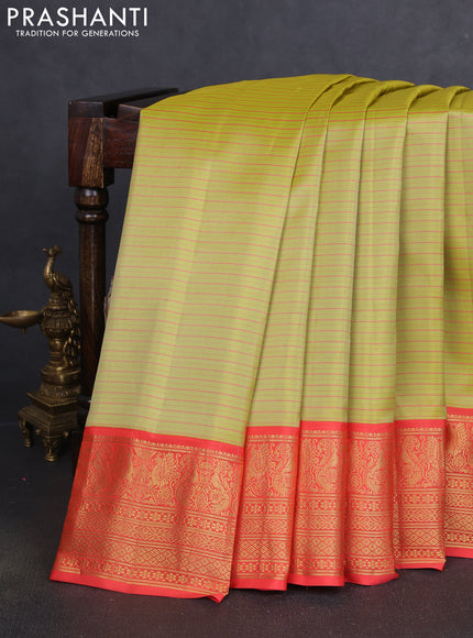 Pure gadwal silk saree lime green and orange with allover stripe pattern and zari woven korvai border