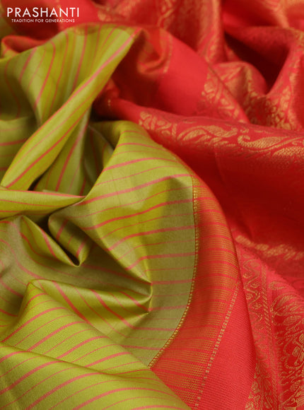 Pure gadwal silk saree lime green and orange with allover stripe pattern and zari woven korvai border