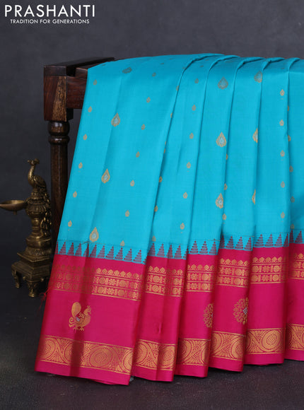 Pure gadwal silk saree light blue and pink with zari woven buttas and temple design rettapet zari woven border