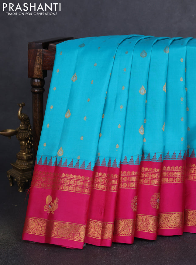 Pure gadwal silk saree light blue and pink with zari woven buttas and temple design rettapet zari woven border