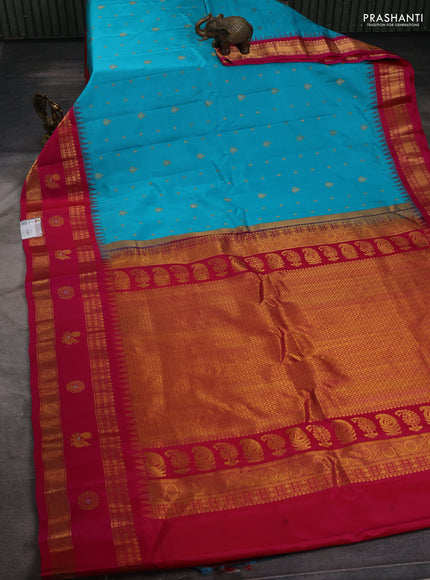 Pure gadwal silk saree light blue and pink with zari woven buttas and temple design rettapet zari woven border