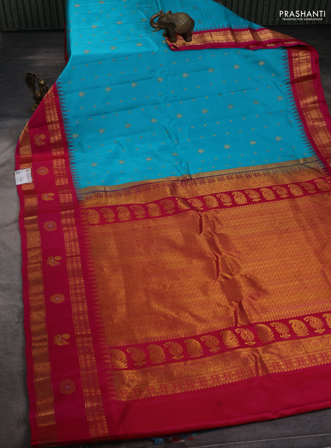 Pure gadwal silk saree light blue and pink with zari woven buttas and temple design rettapet zari woven border