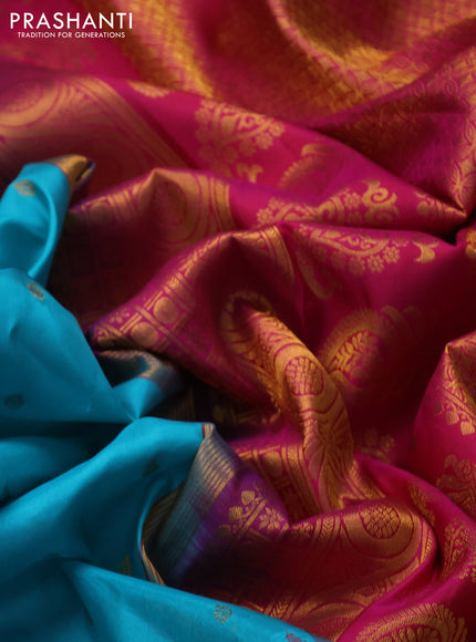 Pure gadwal silk saree light blue and pink with zari woven buttas and temple design rettapet zari woven border