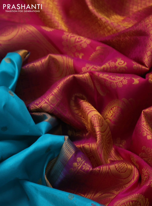 Pure gadwal silk saree light blue and pink with zari woven buttas and temple design rettapet zari woven border