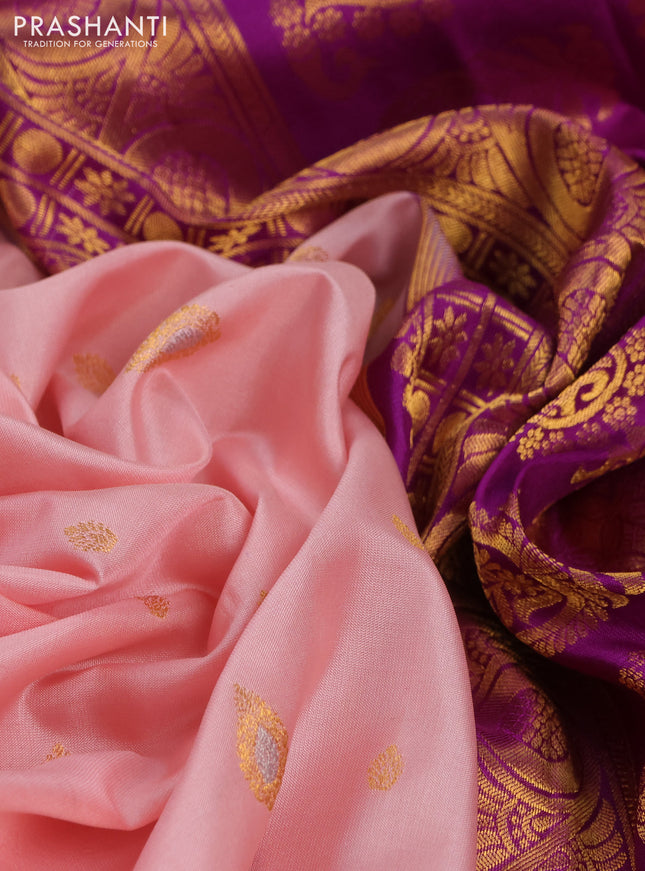 Pure gadwal silk saree pastel peach and purple with zari woven buttas and temple design rettapet zari woven butta border