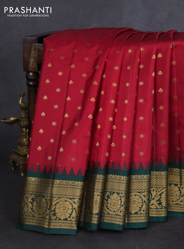 Pure gadwal silk saree maroon and bottle green with zari woven buttas and temple design zari woven border