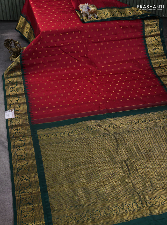 Pure gadwal silk saree maroon and bottle green with zari woven buttas and temple design zari woven border