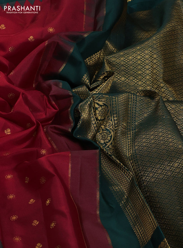 Pure gadwal silk saree maroon and bottle green with zari woven buttas and temple design zari woven border