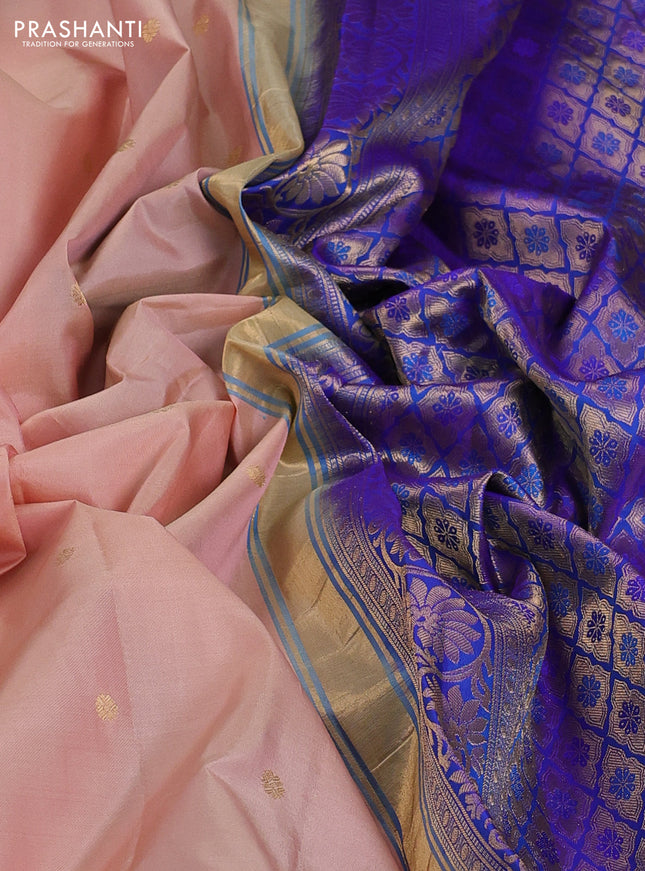 Pure gadwal silk saree pastel peach and blue with zari woven buttas and temple design zari woven border