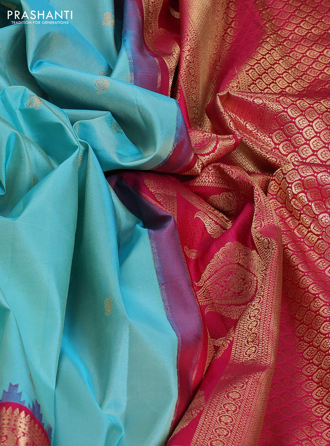 Pure gadwal silk saree teal blue and pink with annam & rudhraksha zari woven buttas and temple design zari woven border