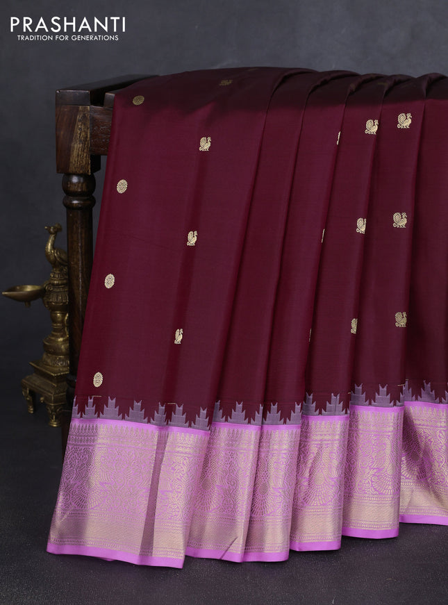 Pure gadwal silk saree maroon and lavender with zari woven buttas and temple design zari woven border