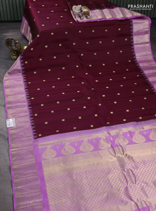 Pure gadwal silk saree maroon and lavender with zari woven buttas and temple design zari woven border
