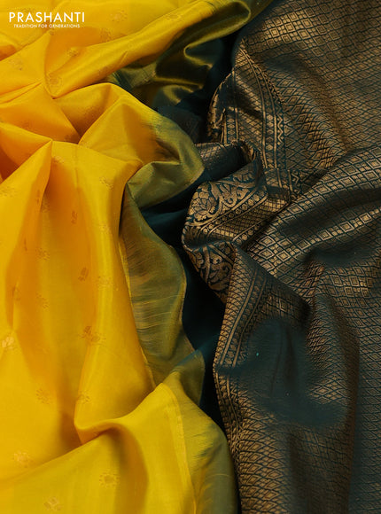 Pure gadwal silk saree yellow and bottle green with zari woven buttas and temple design zari woven border