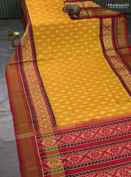 Rajkot patola silk saree mustard yellow and red with allover ikat weaves and zari woven border