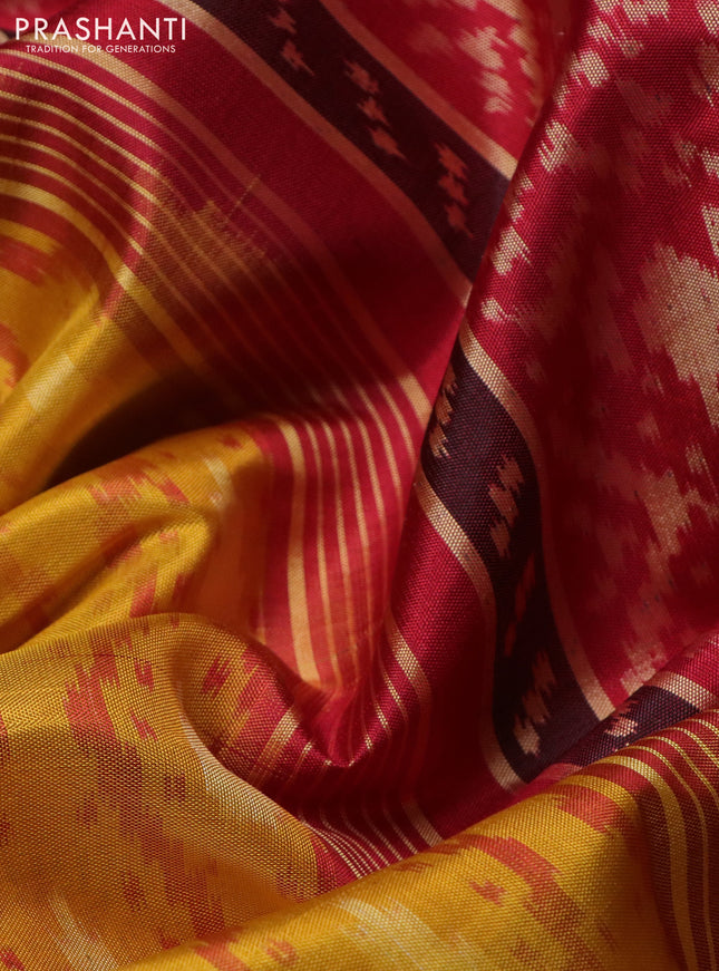 Rajkot patola silk saree mustard yellow and red with allover ikat weaves and zari woven border