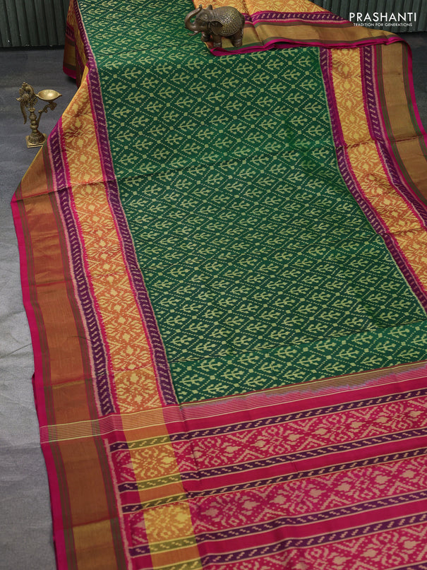 Rajkot patola silk saree bottle green and pink with allover ikat weaves and long ikat woven zari border