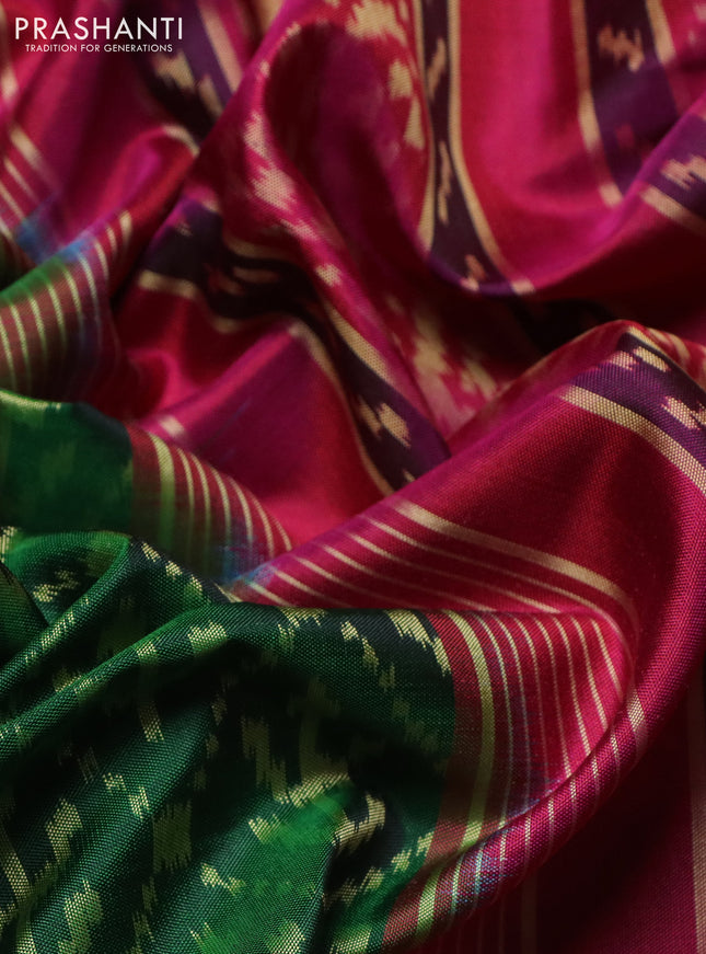 Rajkot patola silk saree bottle green and pink with allover ikat weaves and long ikat woven zari border