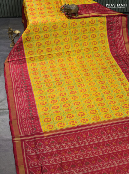 Rajkot patola silk saree yellow and red with allover ikat weaves and long ikat woven zari border
