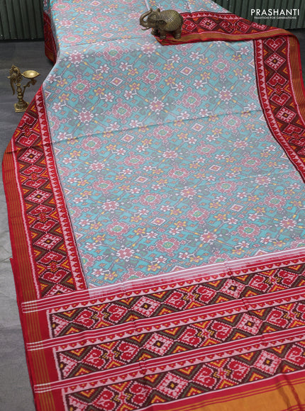 Rajkot patola silk saree tea l blue and red with allover ikat weaves and ikat woven zari border