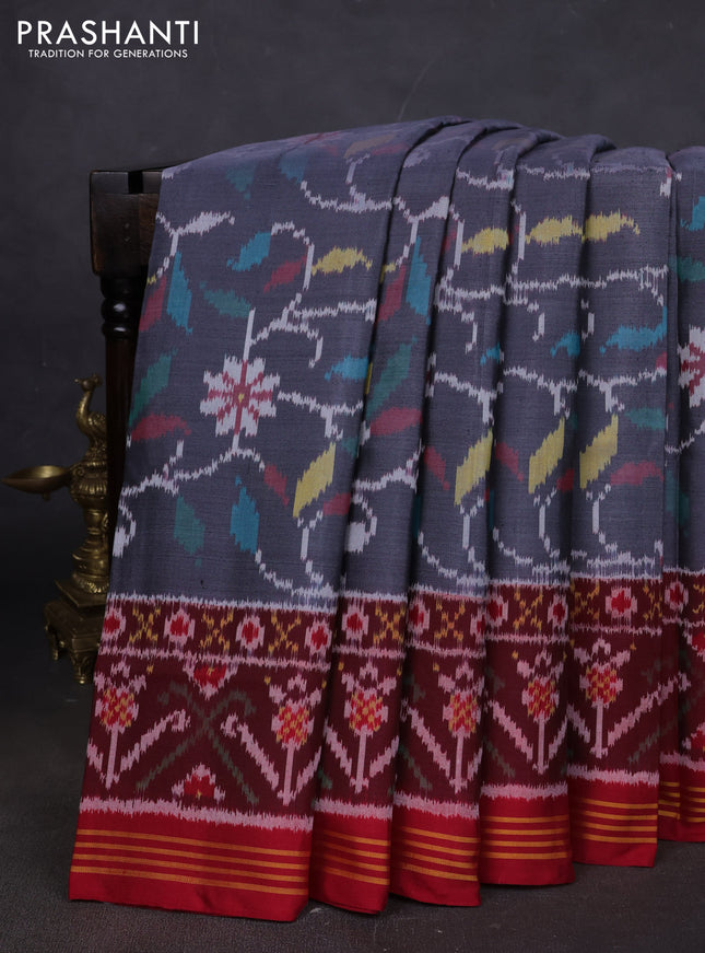 Rajkot patola silk saree dark grey and maroon with allover ikat weaves and ikat woven border