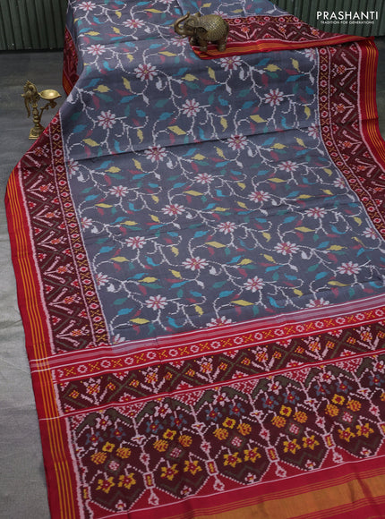 Rajkot patola silk saree dark grey and maroon with allover ikat weaves and ikat woven border