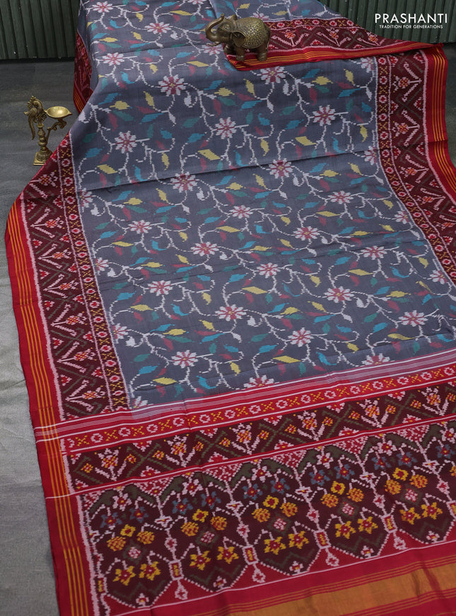 Rajkot patola silk saree dark grey and maroon with allover ikat weaves and ikat woven border