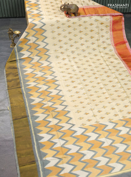 Rajkot patola silk saree cream and grey yellow with allover ikat butta weaves and ganga jamuna border