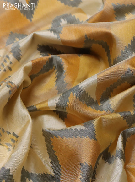 Rajkot patola silk saree cream and grey yellow with allover ikat butta weaves and ganga jamuna border