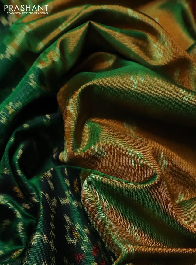 Rajkot patola silk saree bottle green and dark mustard maroon with allover ikat weaves and ikat woven border
