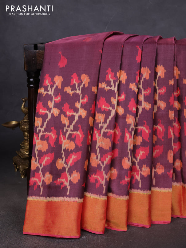 Rajkot patola silk saree pastel maroon and maroon with allover ikat woven buttas and zari woven border