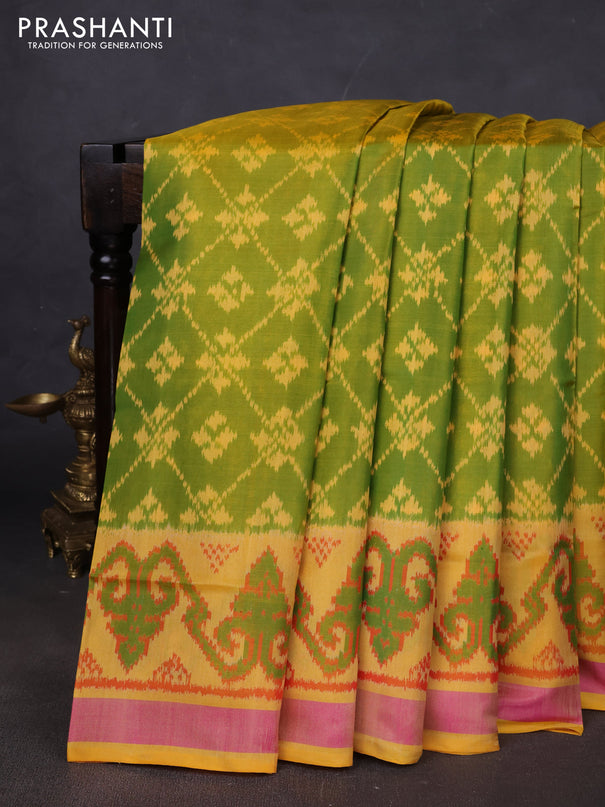 Rajkot patola silk saree light green and yellow with allover ikat weaves and ikat woven border
