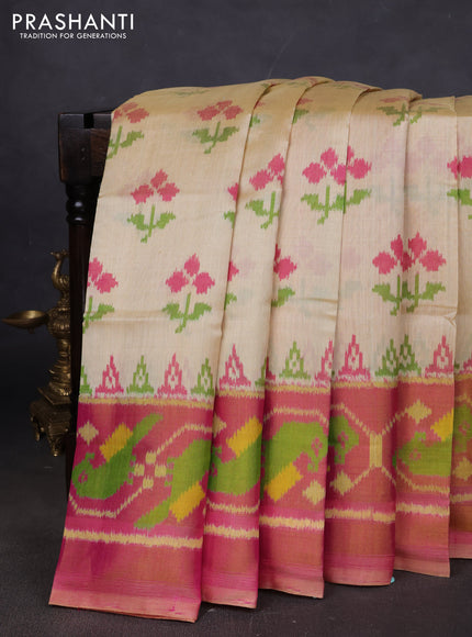 Rajkot patola silk saree cream and pink with allover ikat butta weaves and long ikat woven zari border