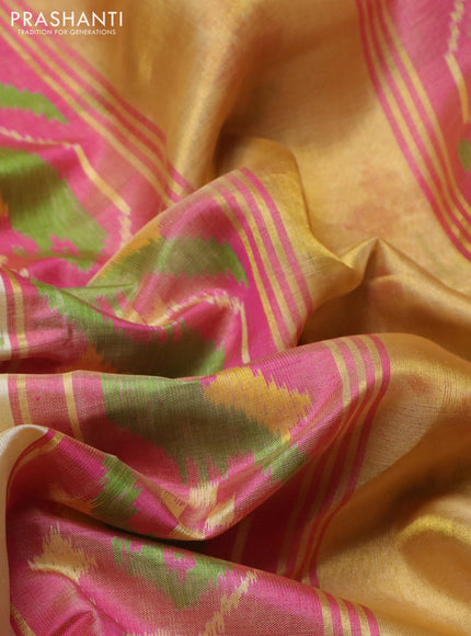 Rajkot patola silk saree cream and pink with allover ikat butta weaves and long ikat woven zari border
