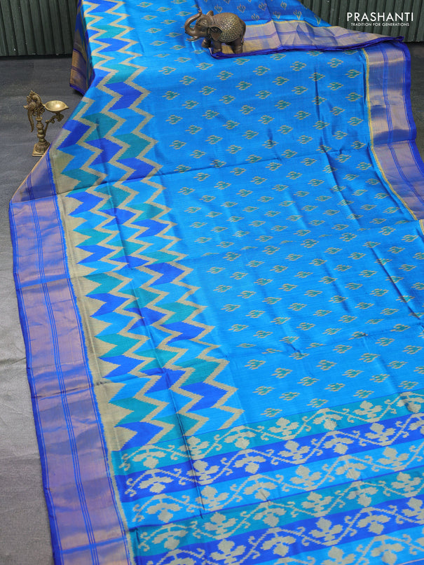 Rajkot patola silk saree blue with allover ikat butta weaves and long ikat woven zari border