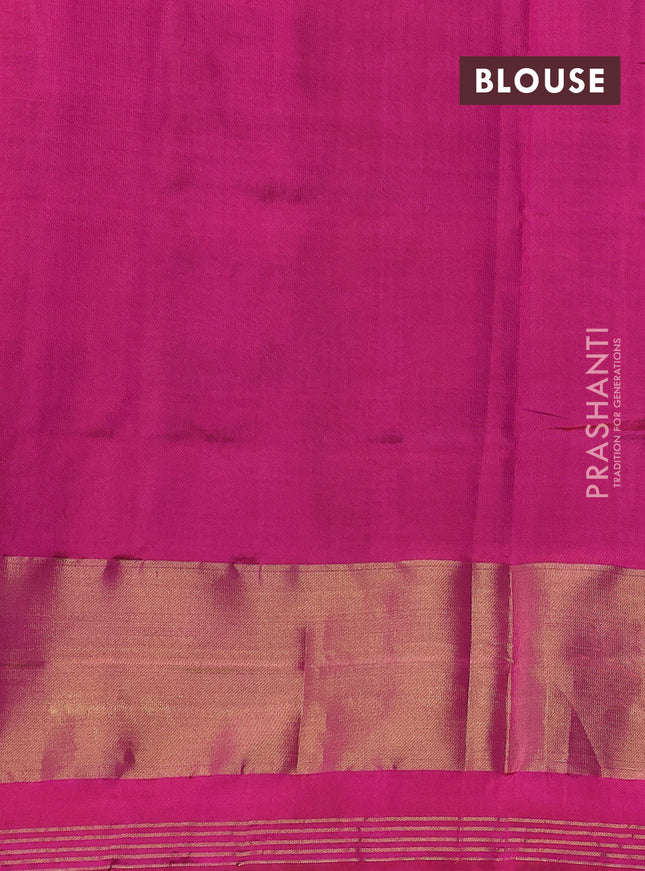 Rajkot patola silk saree peacock blue and pink with plain body and long ikat woven zari border