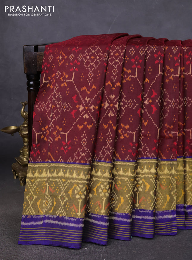 Rajkot patola silk saree deep maroon and navy blue with allover ikat weaves and ikat woven border