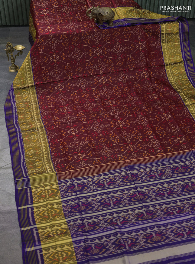 Rajkot patola silk saree deep maroon and navy blue with allover ikat weaves and ikat woven border