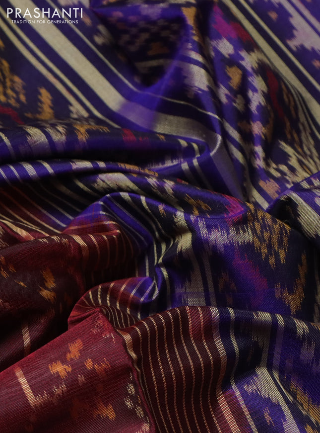 Rajkot patola silk saree deep maroon and navy blue with allover ikat weaves and ikat woven border
